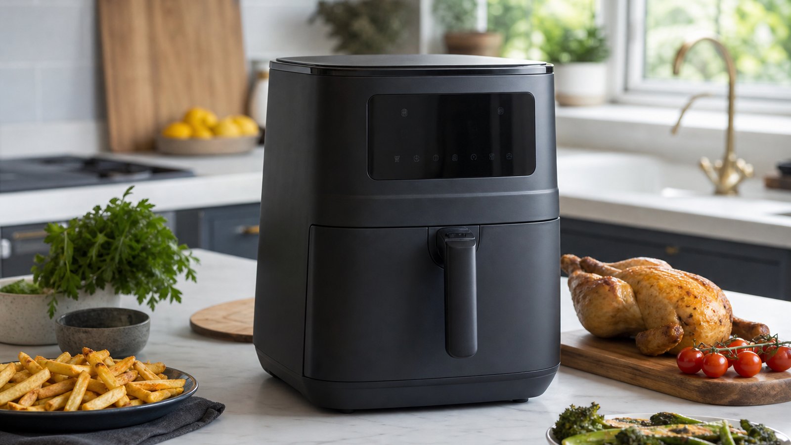 Matte black digital air fryer on a UK kitchen worktop