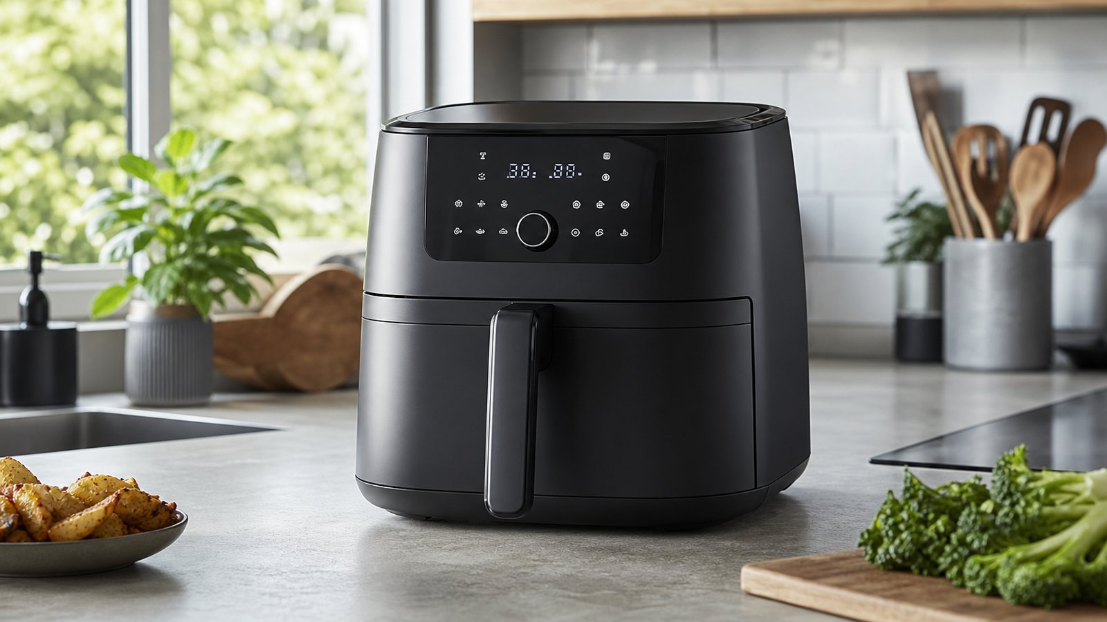 Matte black digital air fryer on a UK kitchen worktop