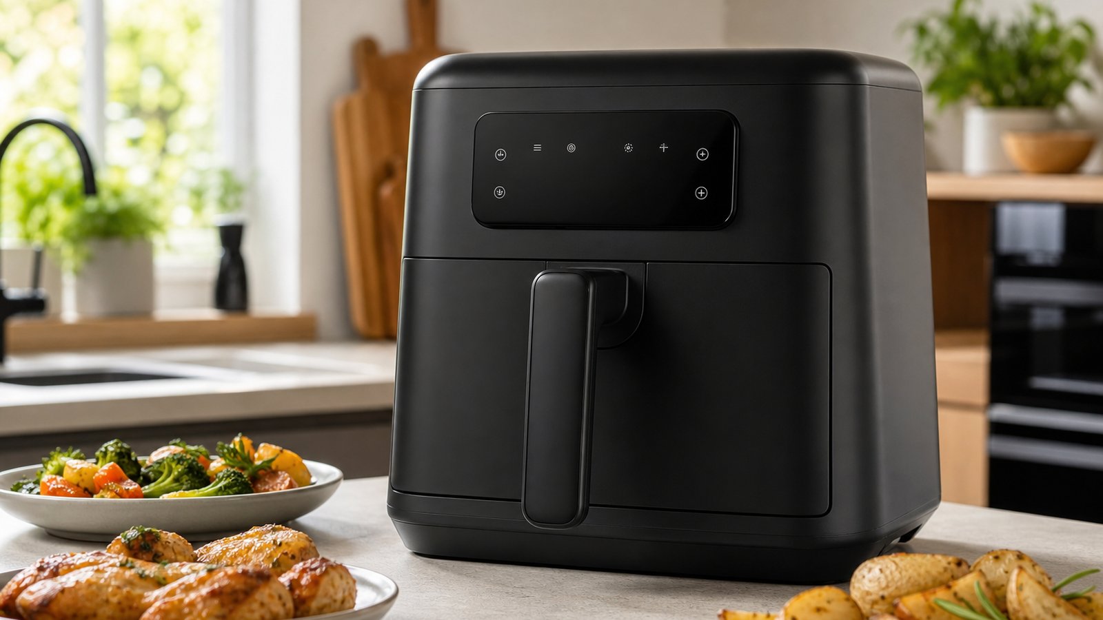 Matte black digital air fryer on a UK kitchen worktop